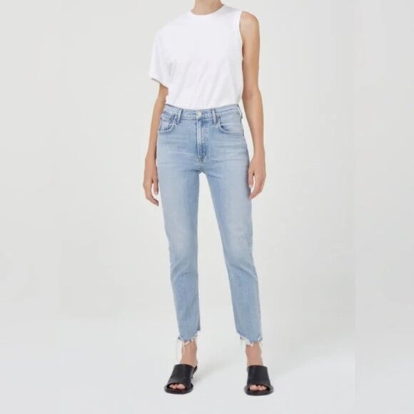 Agolde Merrel Mid-Rise Slim Straight Jeans Size 26 Light Wash Astray Frayed Hem - Picture 1 of 11